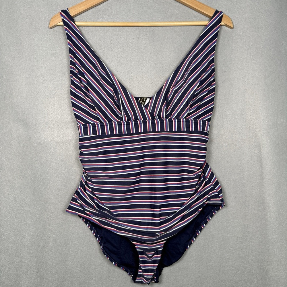 Nip Tuck Swim One Piece Swimsuit Nautical Stripes Deep V Red White Blue